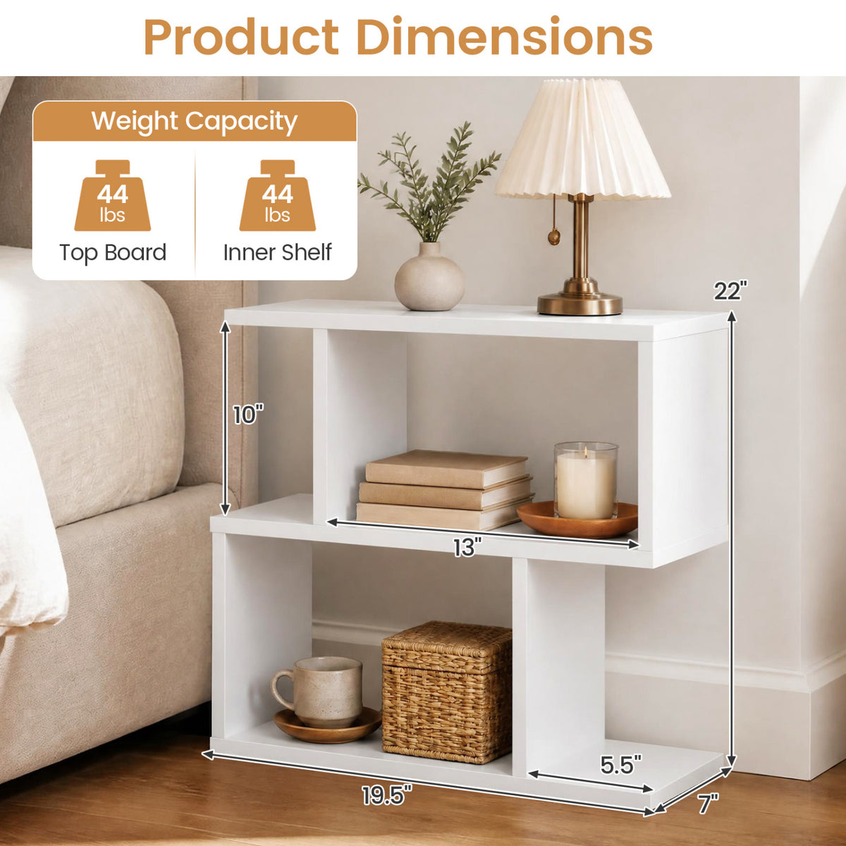 3-Tier Geometric Bookshelf Freestanding Display Shelf Side Table Set of 2-White