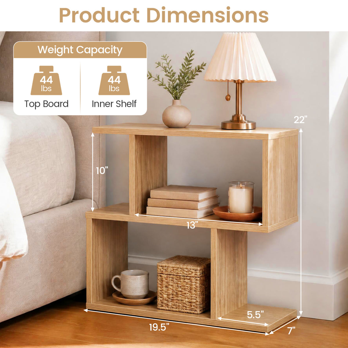 3-Tier Geometric Bookshelf Freestanding Display Shelf Side Table Set of 2-Natural