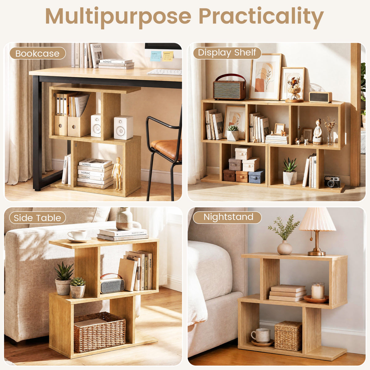 3-Tier Geometric Bookshelf Freestanding Display Shelf Side Table Set of 2-Natural