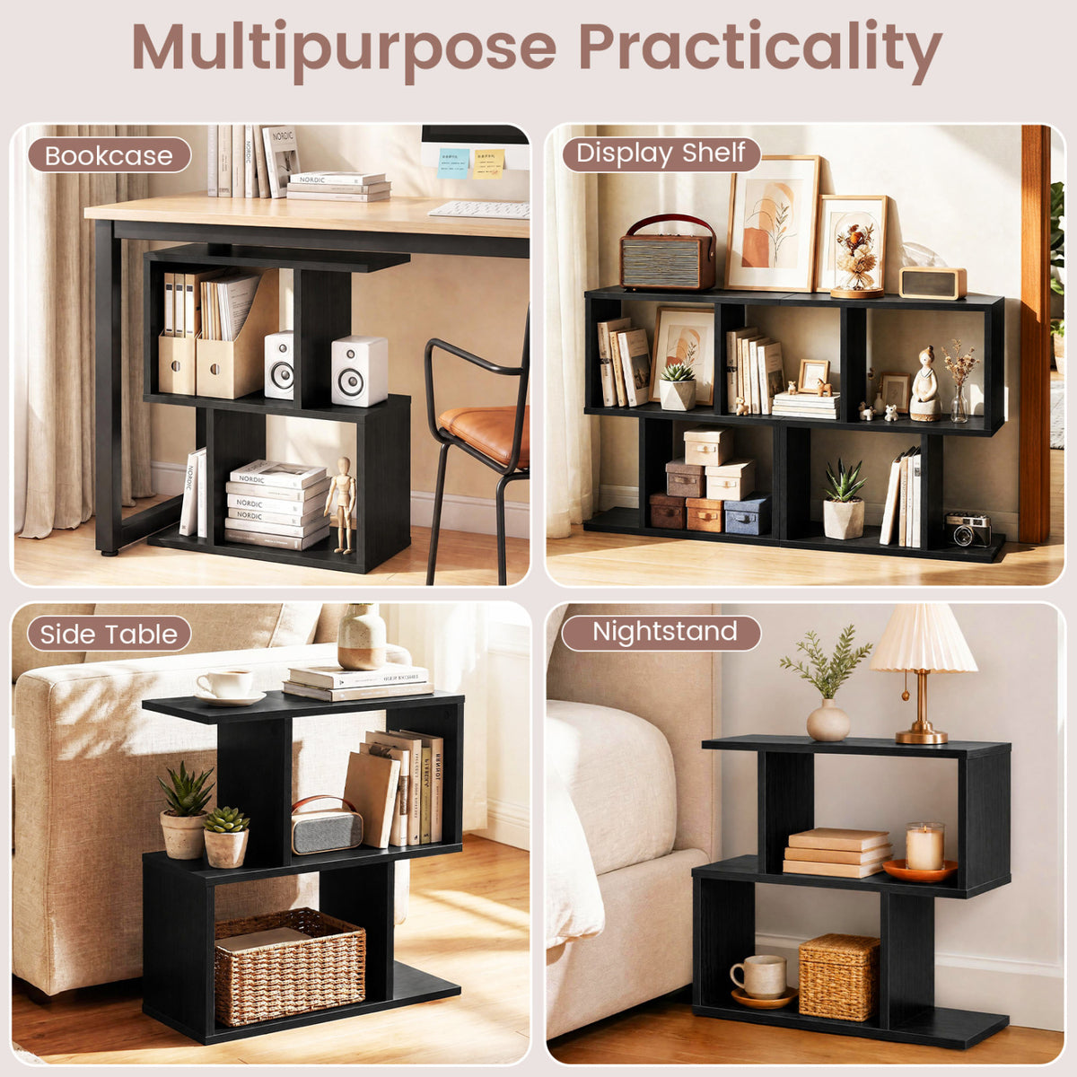 3-Tier Geometric Bookshelf Freestanding Display Shelf Side Table Set of 2-Black