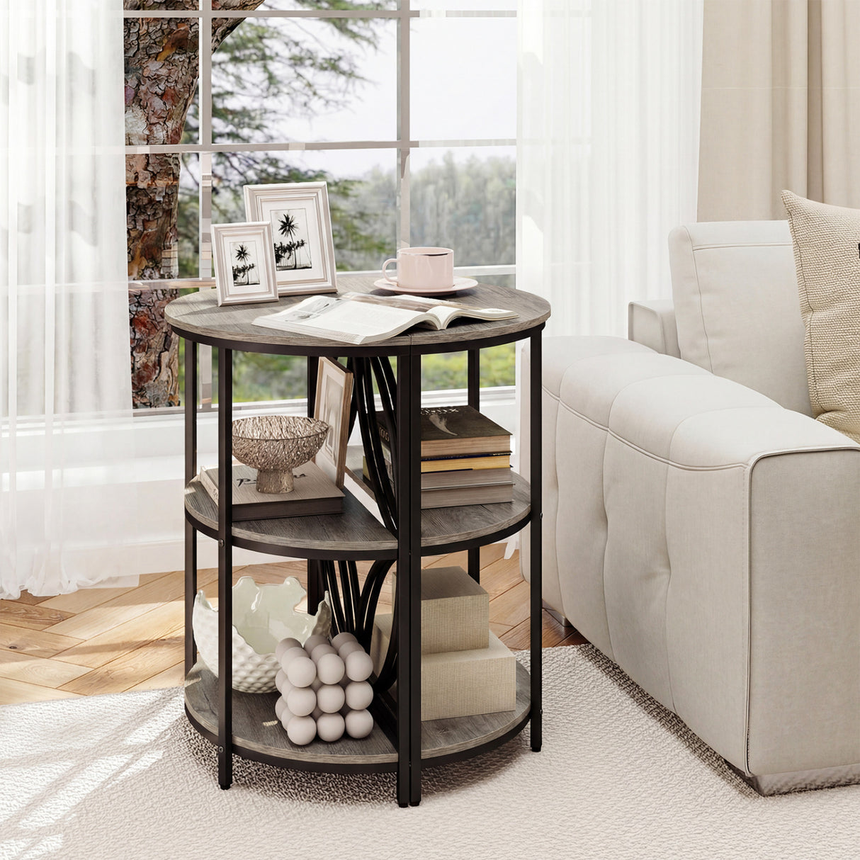 3-Tier Half Round End Table with Study Metal Frame for Living Room-Gray