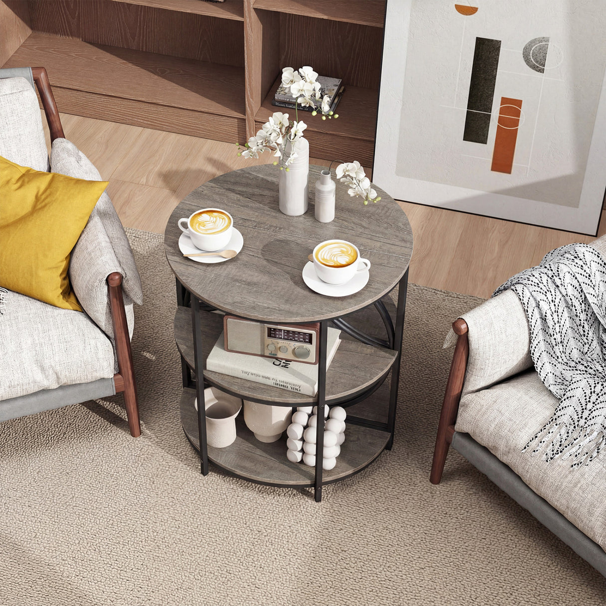 3-Tier Half Round End Table with Study Metal Frame for Living Room-Gray