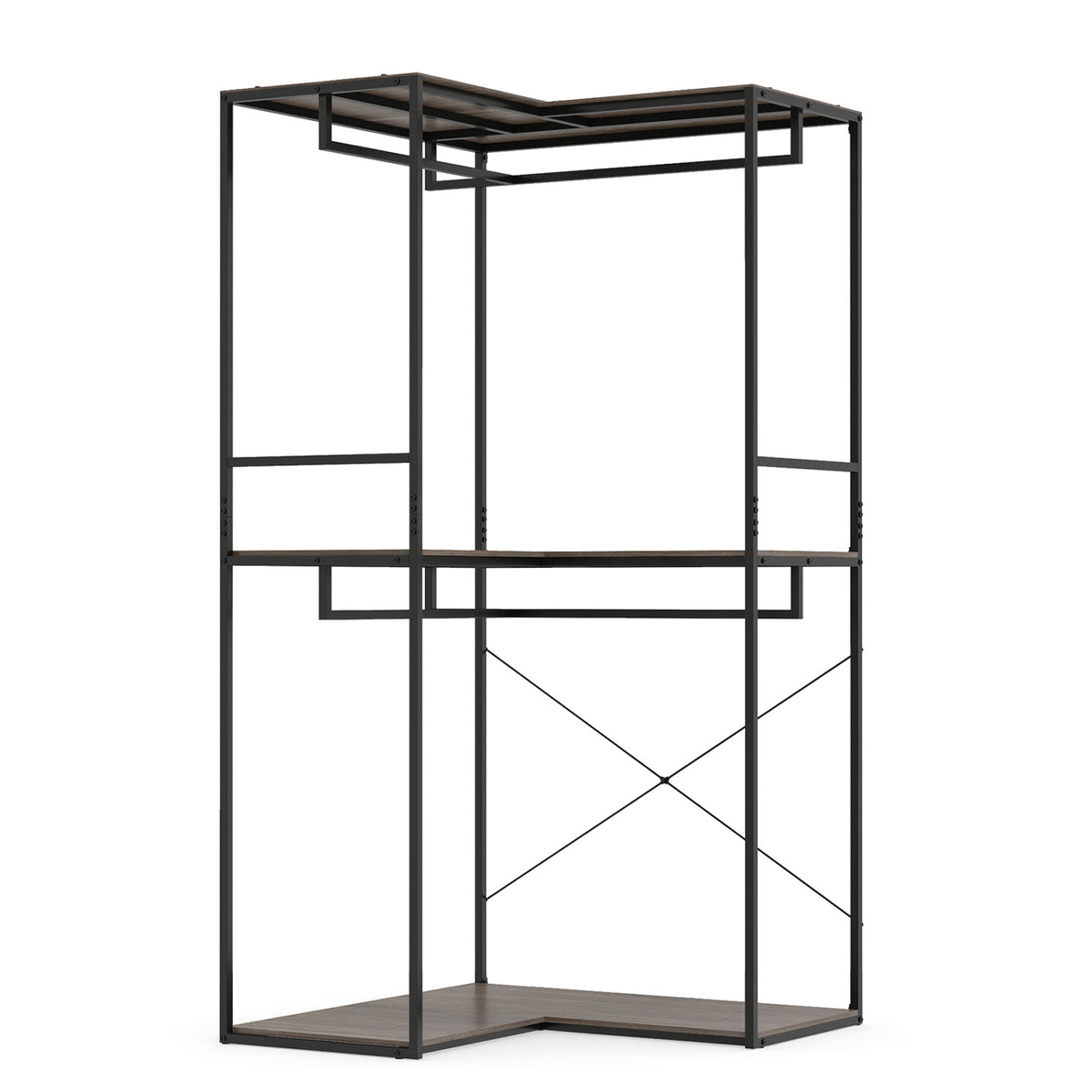 3-Tier Heavy Duty Clothes Rack with 3 Shelves & 2 Hanging Racks-Black & Brown