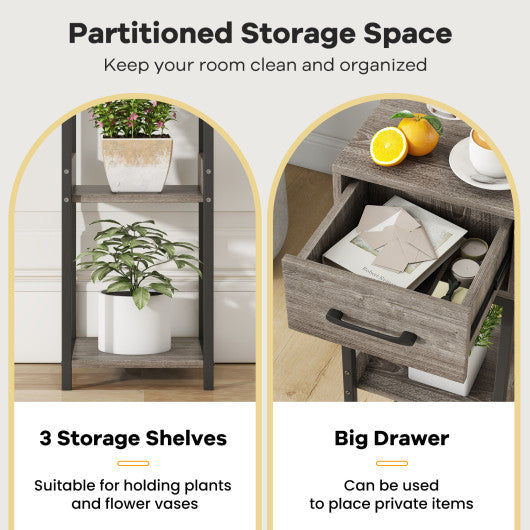3 Tier Tall Plant Stand with Drawer Anti-tipping Devices-Gray