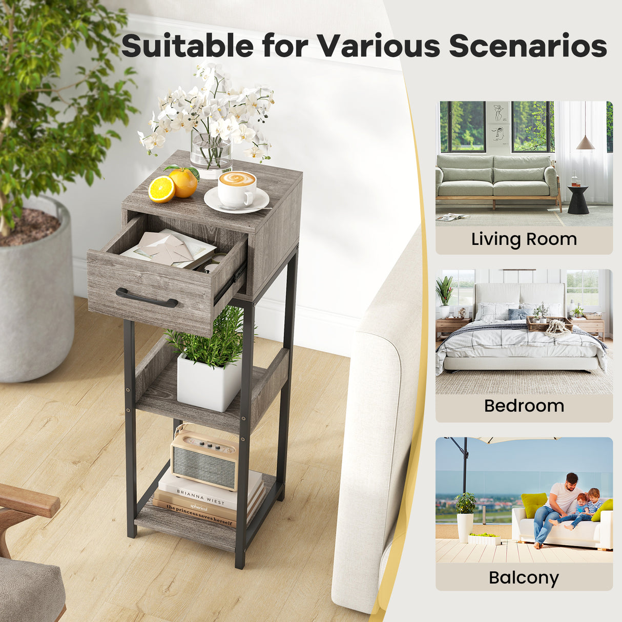 3 Tier Tall Plant Stand with Drawer Anti-tipping Devices-Gray