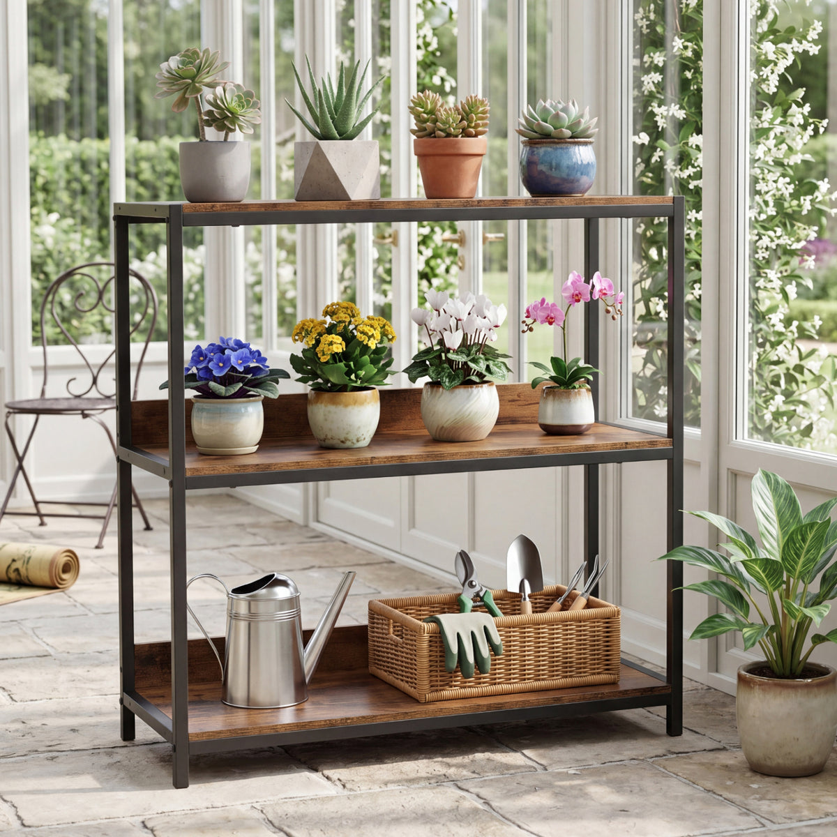 3-Tier Industrial Bookshelf with Wooden Shelves and Metal Frame-Rustic Brown