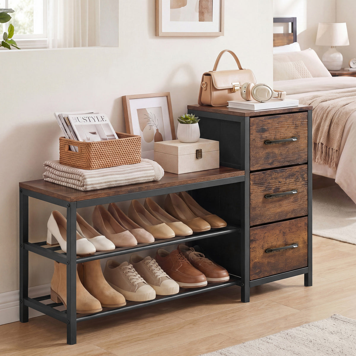 3-Tier Industrial Shoe Bench with 3 Removable Fabric Drawers and Anti-toppling Kits-Rustic Brown