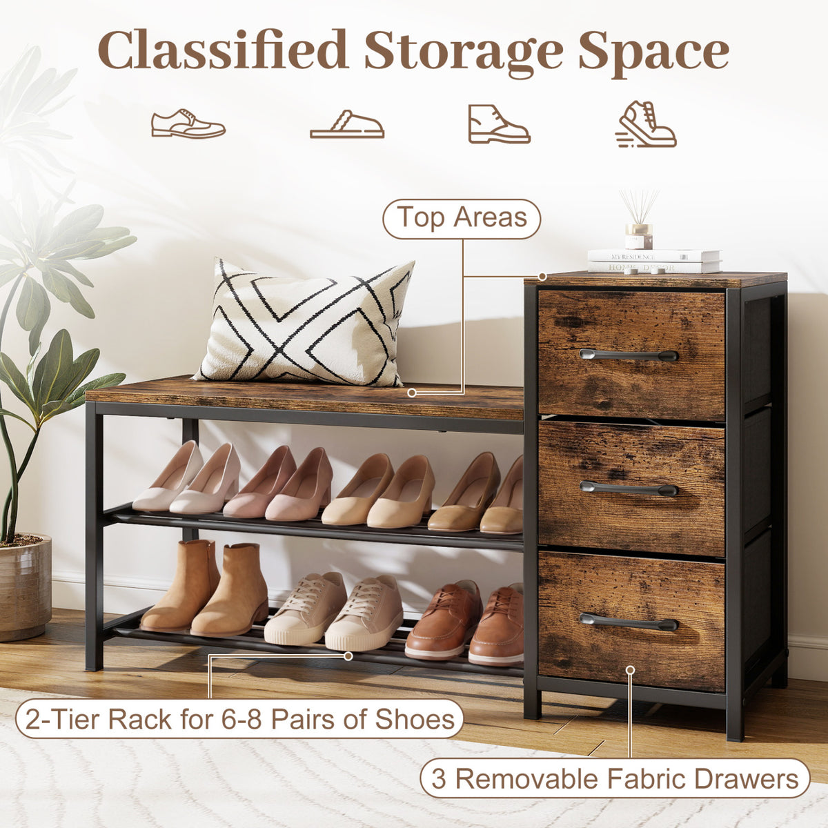 3-Tier Industrial Shoe Bench with 3 Removable Fabric Drawers and Anti-toppling Kits-Rustic Brown