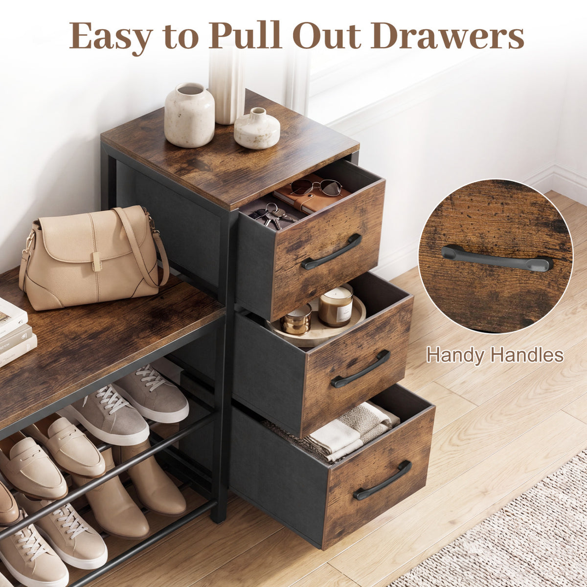 3-Tier Industrial Shoe Bench with 3 Removable Fabric Drawers and Anti-toppling Kits-Rustic Brown