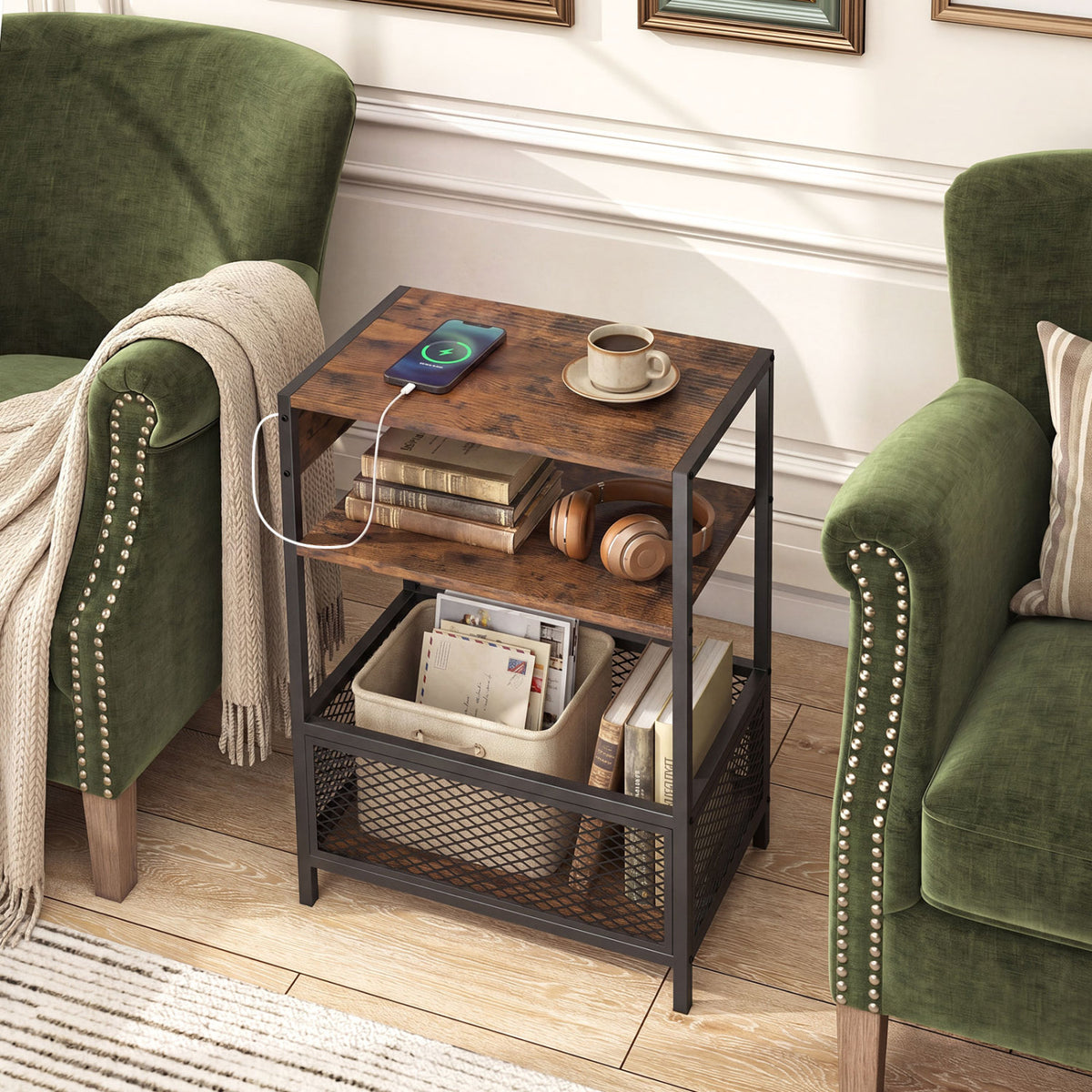 3-Tier Industrial Side Table Set of 2 with 2 AC Outlets and 1 Type-C Ports-Rustic Brown