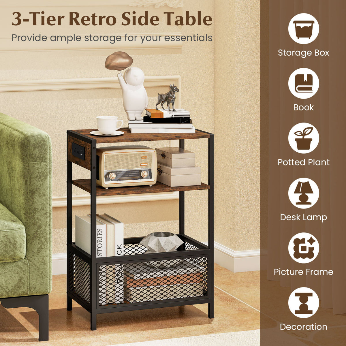 3-Tier Industrial Side Table Set of 2 with 2 AC Outlets and 1 Type-C Ports-Rustic Brown