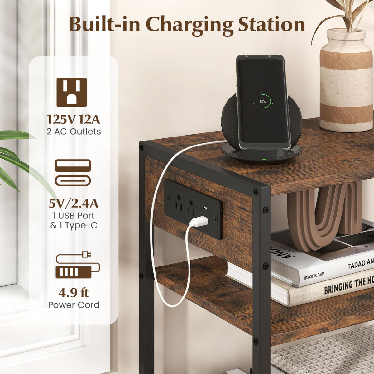 3-Tier Industrial Side Table Set of 2 with 2 AC Outlets and 1 Type-C Ports-Rustic Brown