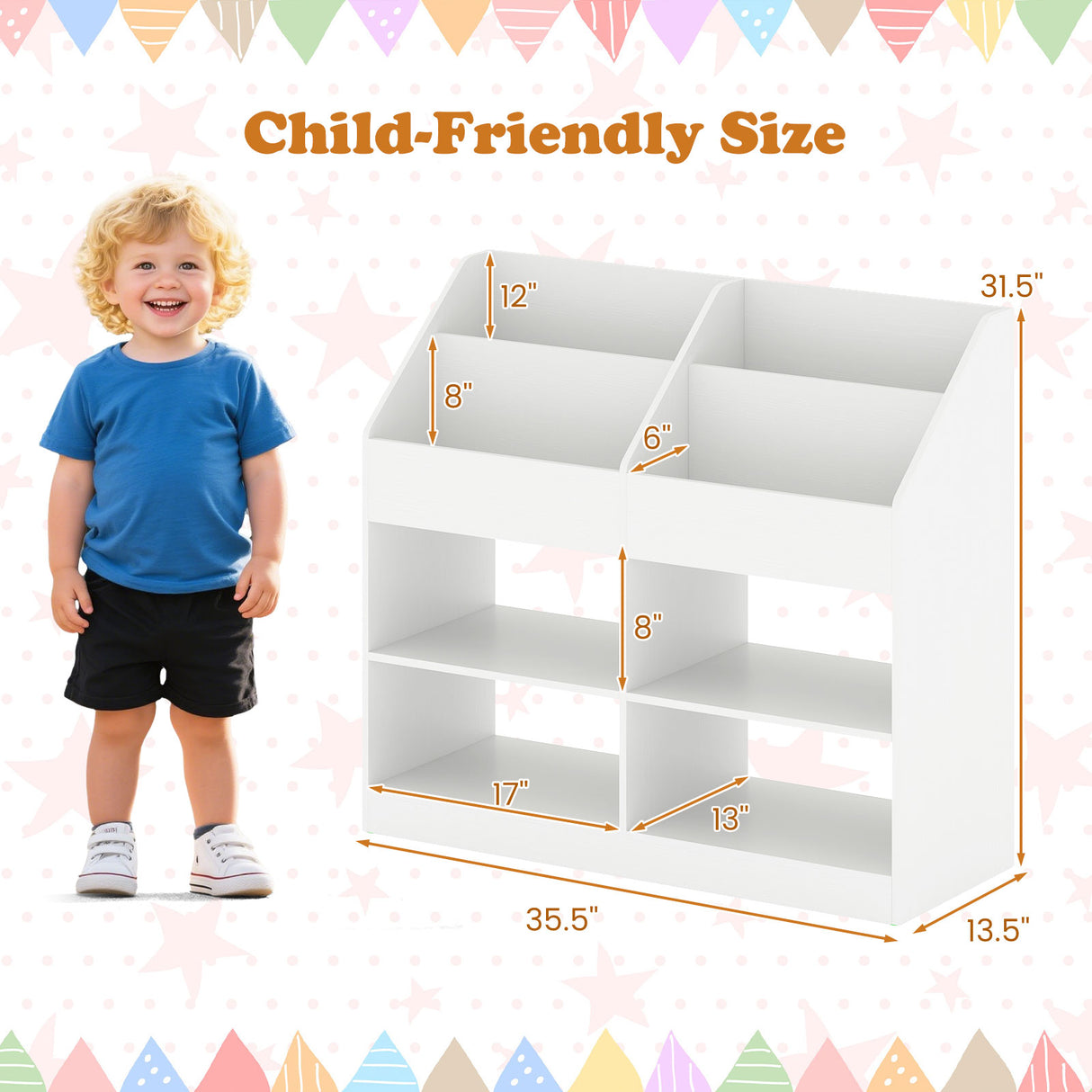 3-Tier Kid's Bookshelf Toy Storage Organizer with Display Rack and 4 Compartments-White