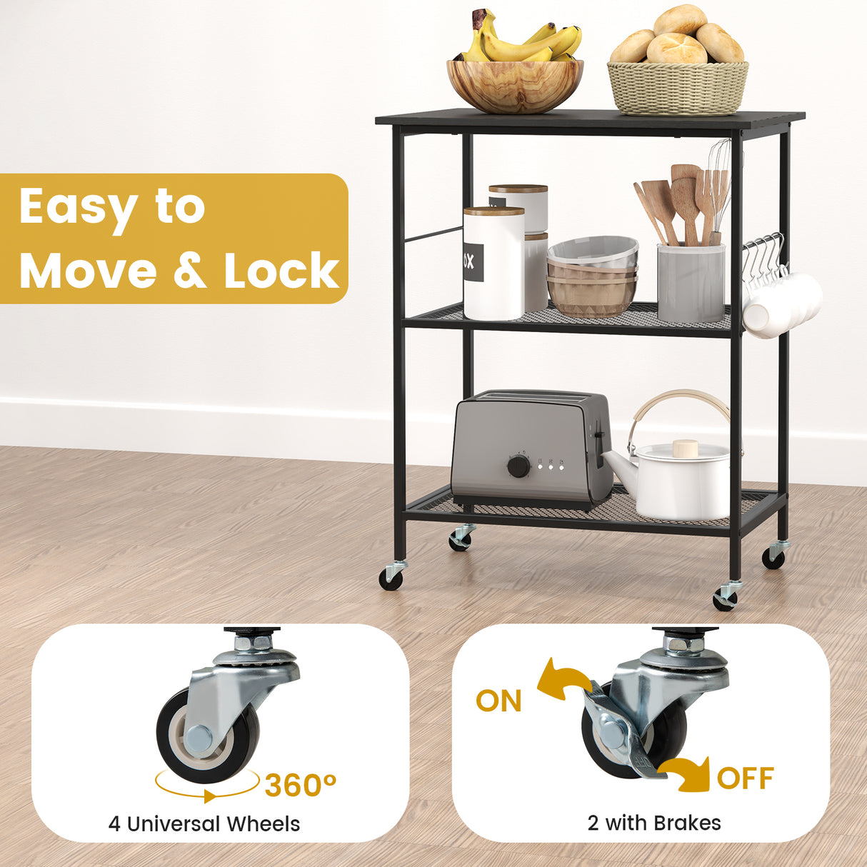 3-Tier Kitchen Serving Cart Utility Standing Microwave Rack with Hooks-Black