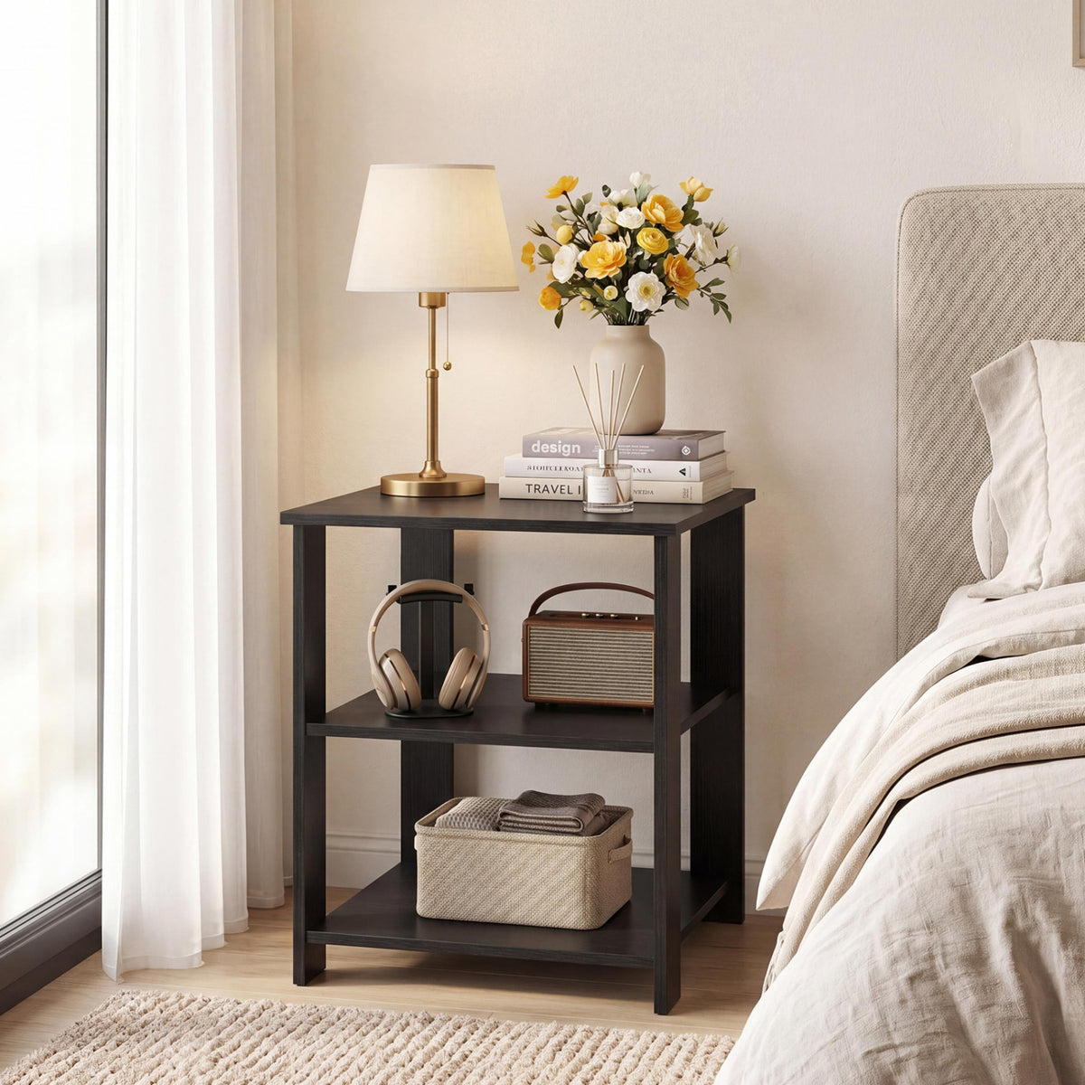 3-Tier Modern Nightstand Square Side Table with Open Storage Shelves-Black