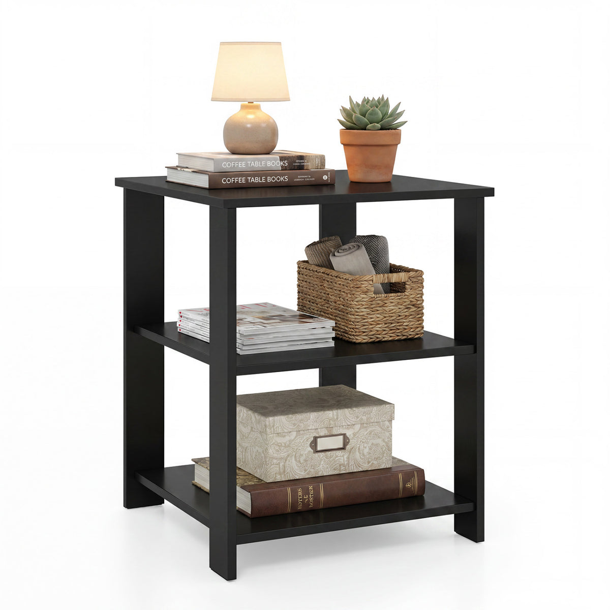 3-Tier Modern Nightstand Square Side Table with Open Storage Shelves-Black