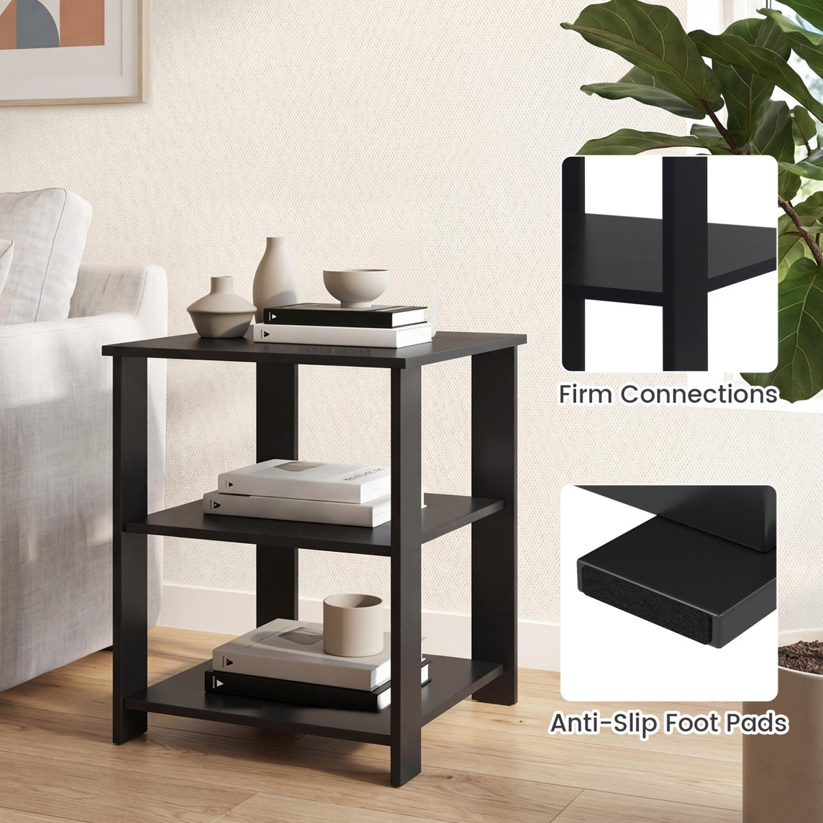 3-Tier Modern Nightstand Square Side Table with Open Storage Shelves-Black