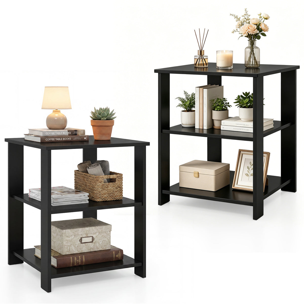 3-Tier Modern Nightstand Square Side Table with Open Storage Shelves Set of 2-Black