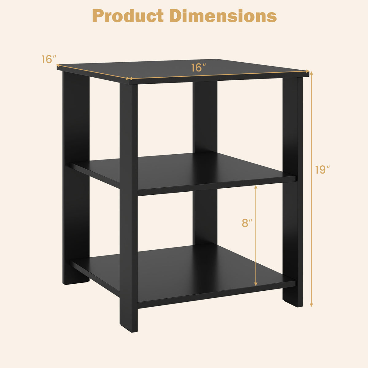 3-Tier Modern Nightstand Square Side Table with Open Storage Shelves Set of 2-Black
