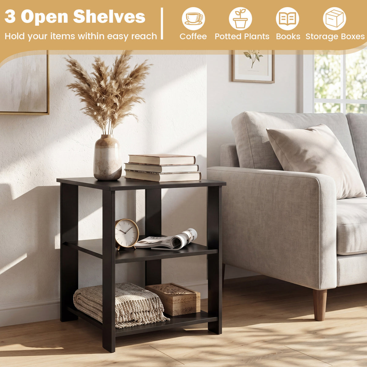 3-Tier Modern Nightstand Square Side Table with Open Storage Shelves Set of 2-Black