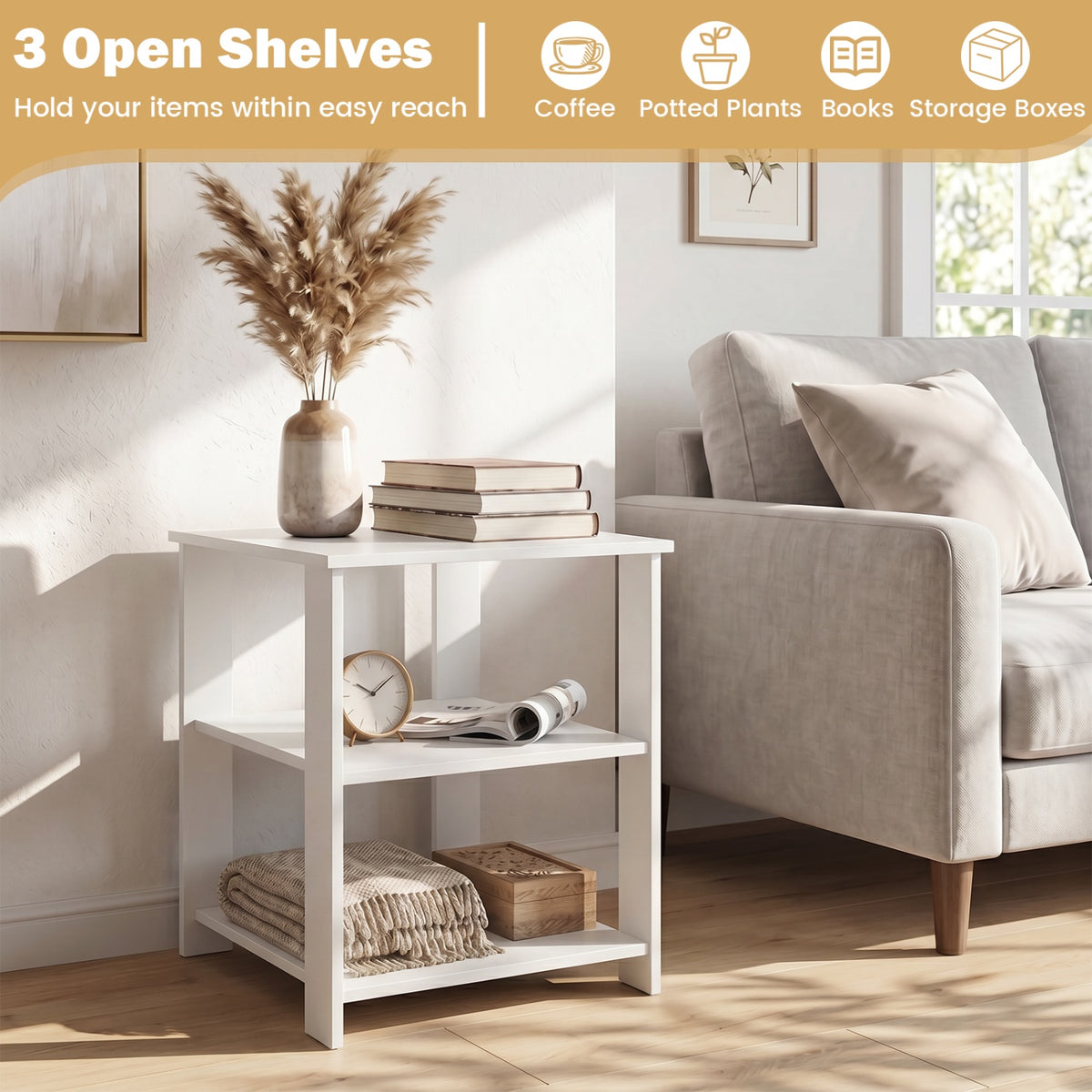 3-Tier Modern Nightstand Square Side Table with Open Storage Shelves Set of 2-White