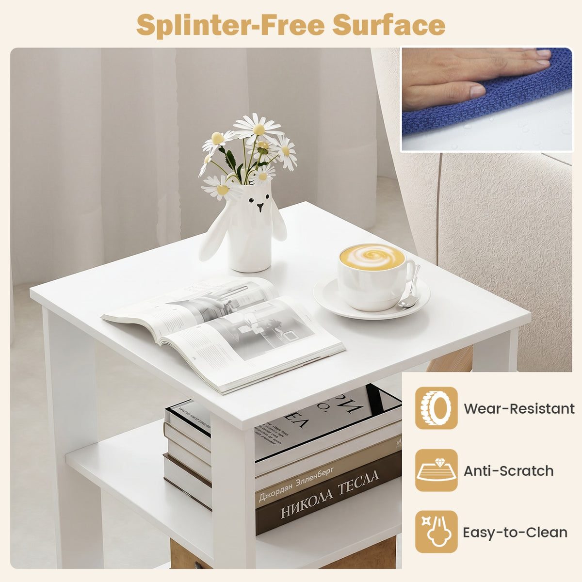 3-Tier Modern Nightstand Square Side Table with Open Storage Shelves Set of 2-White