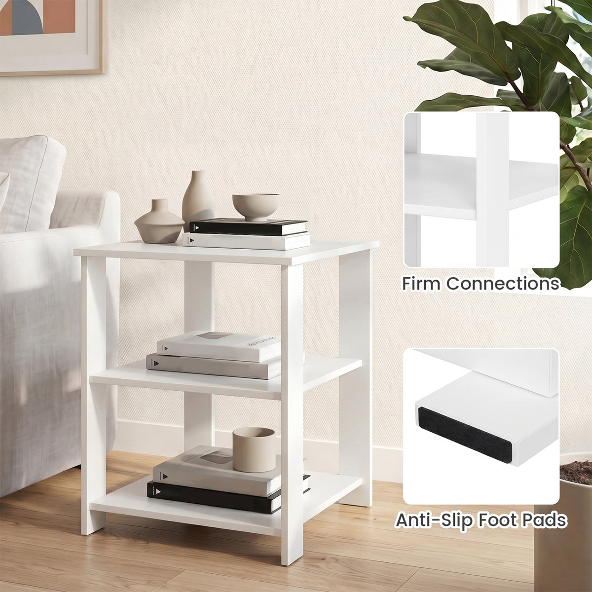 3-Tier Modern Nightstand Square Side Table with Open Storage Shelves Set of 2-White