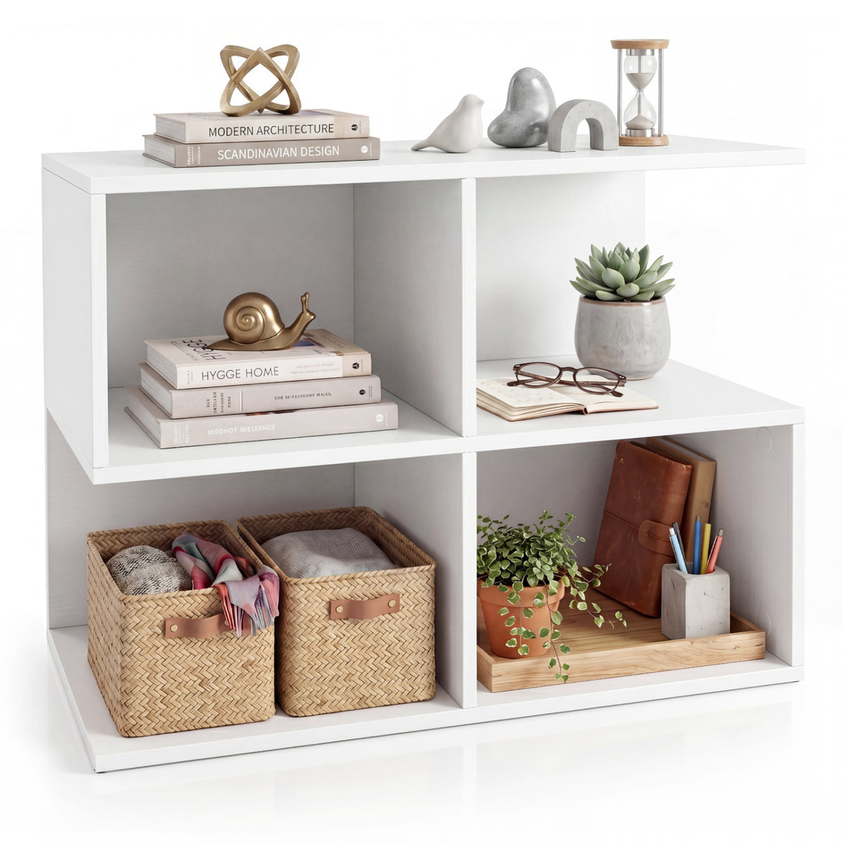 3-Tier Modern S-shaped End Table with 4 Storage Cubes-White