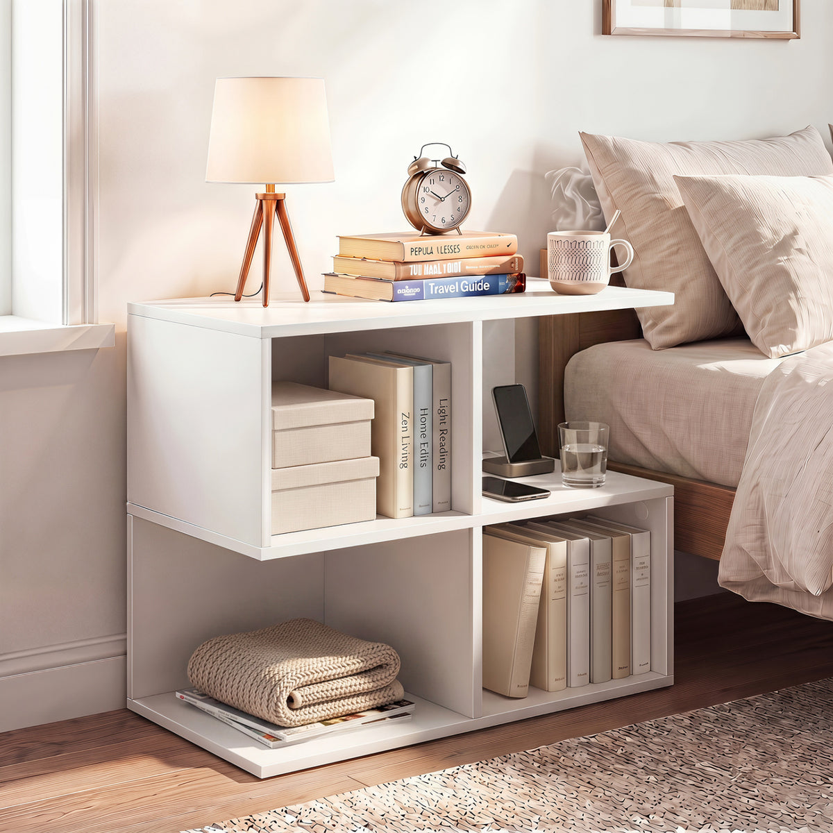 3-Tier Modern S-shaped End Table with 4 Storage Cubes-White