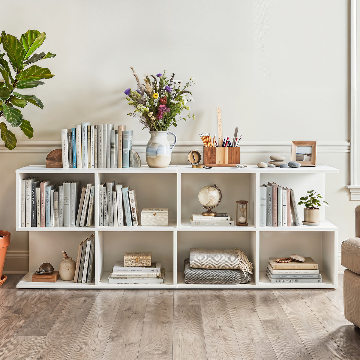 3-Tier Modern S-shaped End Table with 4 Storage Cubes-White