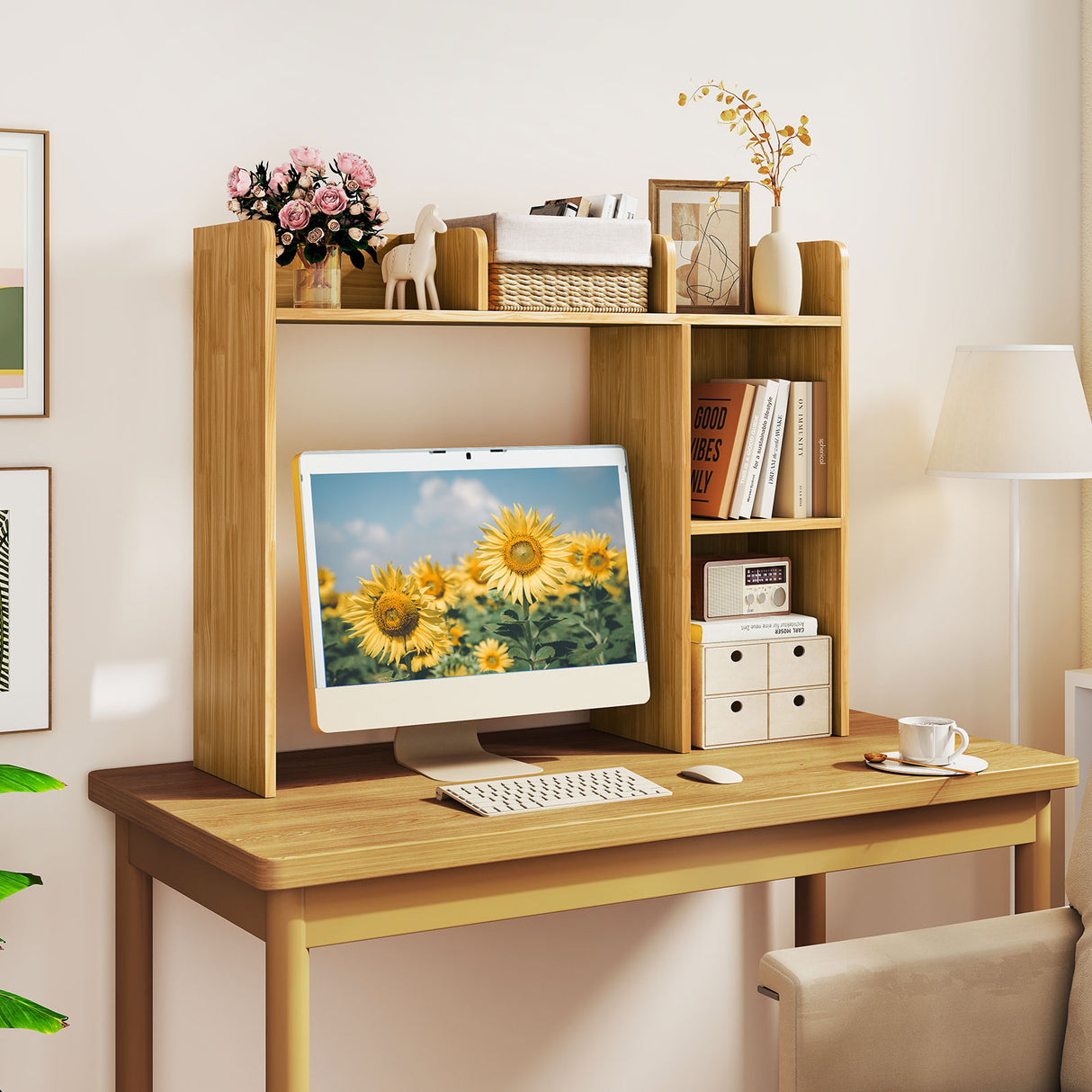 3-Tier Multipurpose Desk Bookshelf with 4 Shelves-Beige