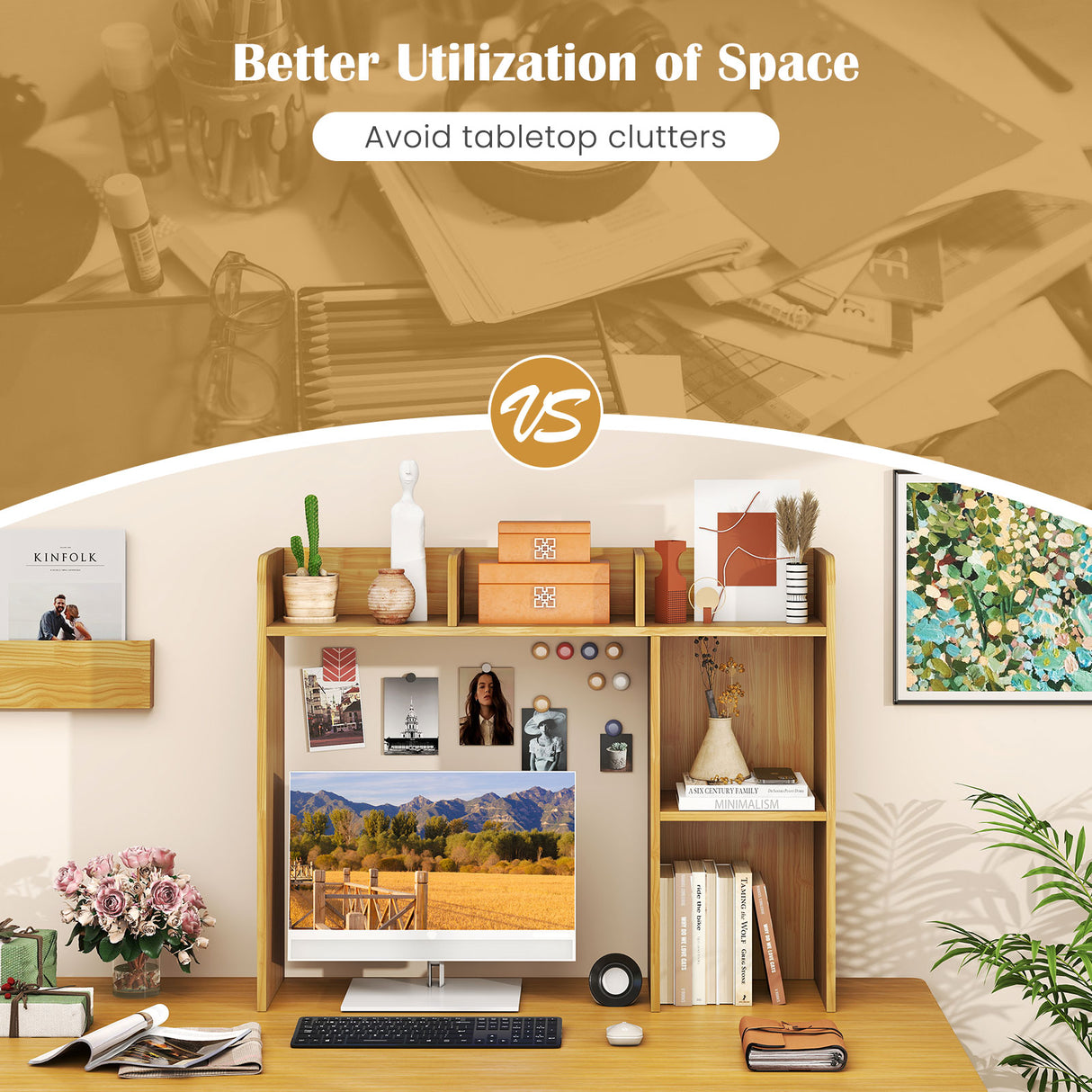 3-Tier Multipurpose Desk Bookshelf with 4 Shelves-Beige