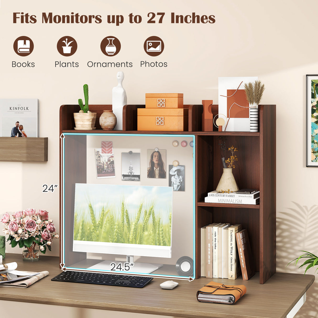 3-Tier Multipurpose Desk Bookshelf with 4 Shelves-Walnut