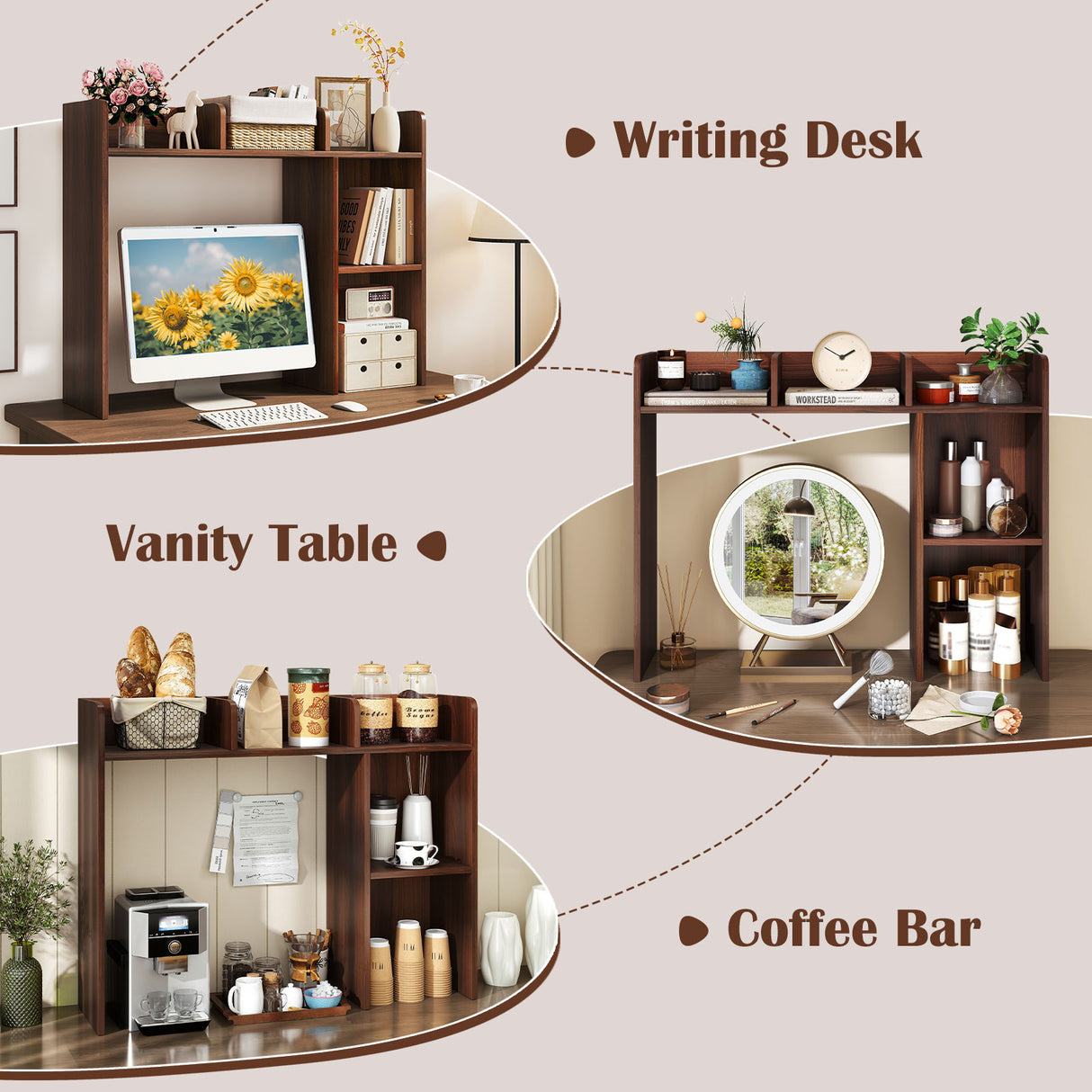 3-Tier Multipurpose Desk Bookshelf with 4 Shelves-Walnut