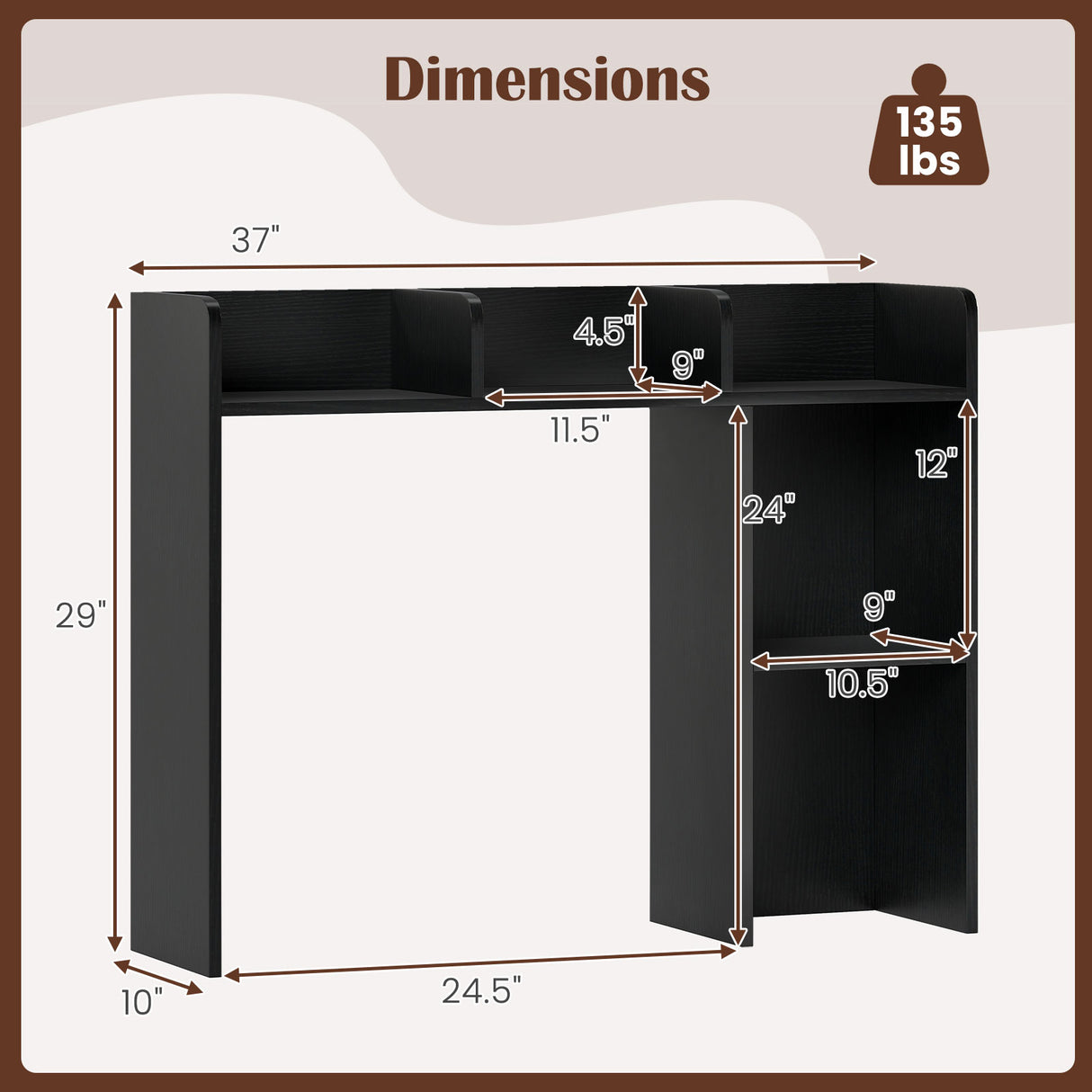 3-Tier Multipurpose Desk Bookshelf with 4 Shelves-Black