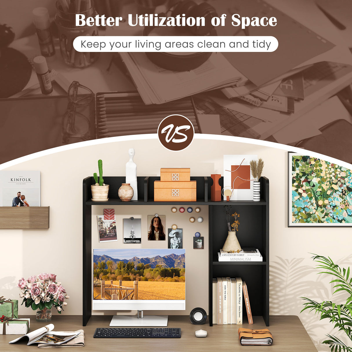 3-Tier Multipurpose Desk Bookshelf with 4 Shelves-Black