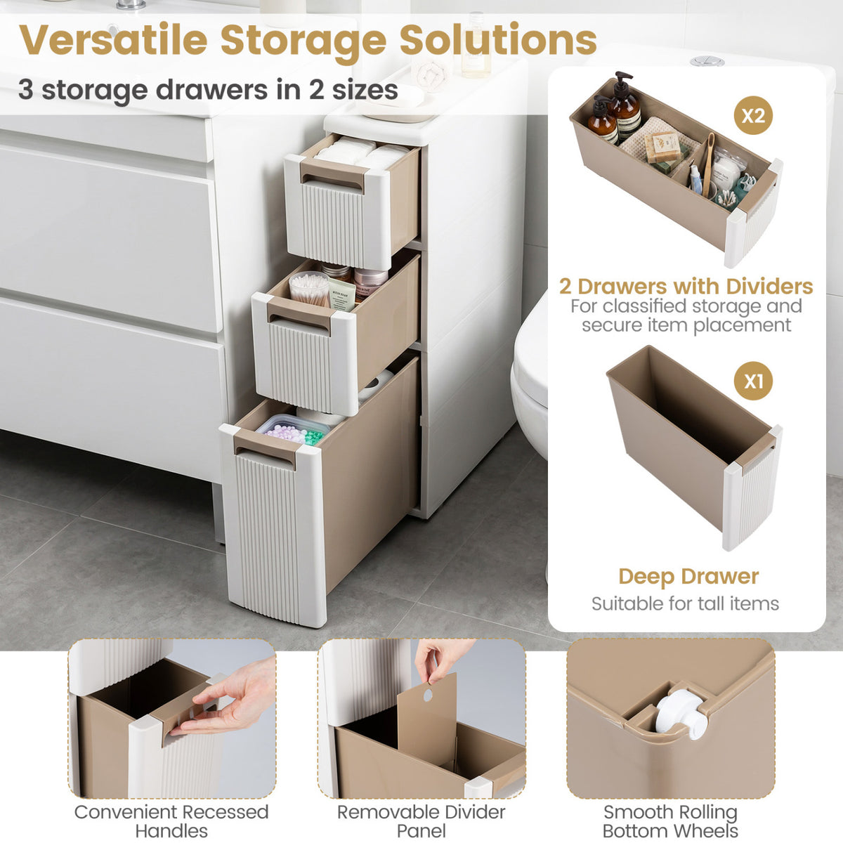 3-Tier Narrow Storage Cabinet Slim Rolling Cart with 3 Drawers and 2 Removable Dividers-S