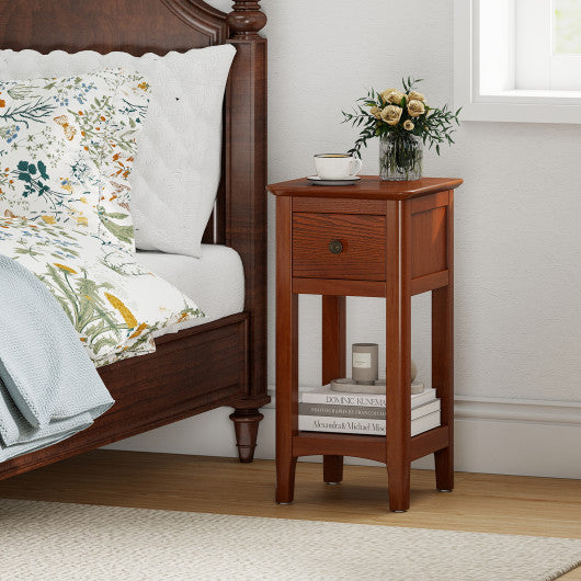 3-Tier Nightstand with Drawer and Open Storage Shelf-Walnut