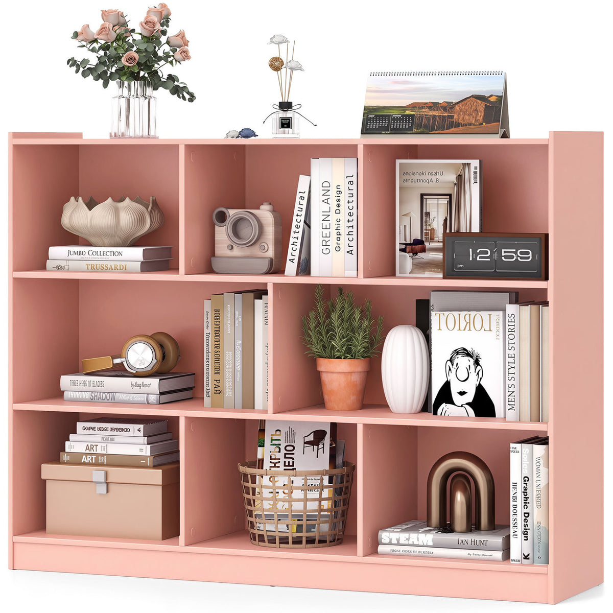 3-Tier Open Bookcase 8-Cube Floor Standing Storage Shelves-Pink