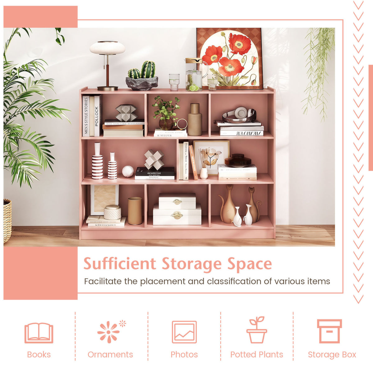 3-Tier Open Bookcase 8-Cube Floor Standing Storage Shelves-Pink