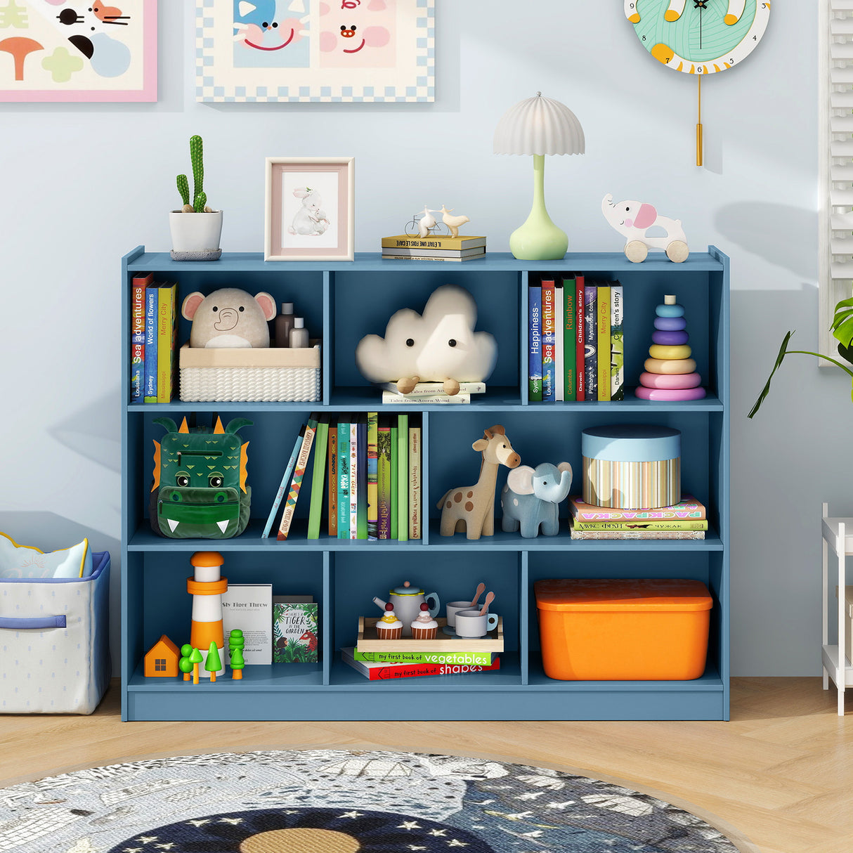 3-Tier Open Bookcase 8-Cube Floor Standing Storage Shelves-Blue