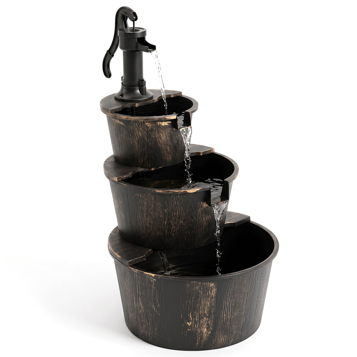3-Tier Outdoor Barrel Waterfall Fountain with Electric Pump