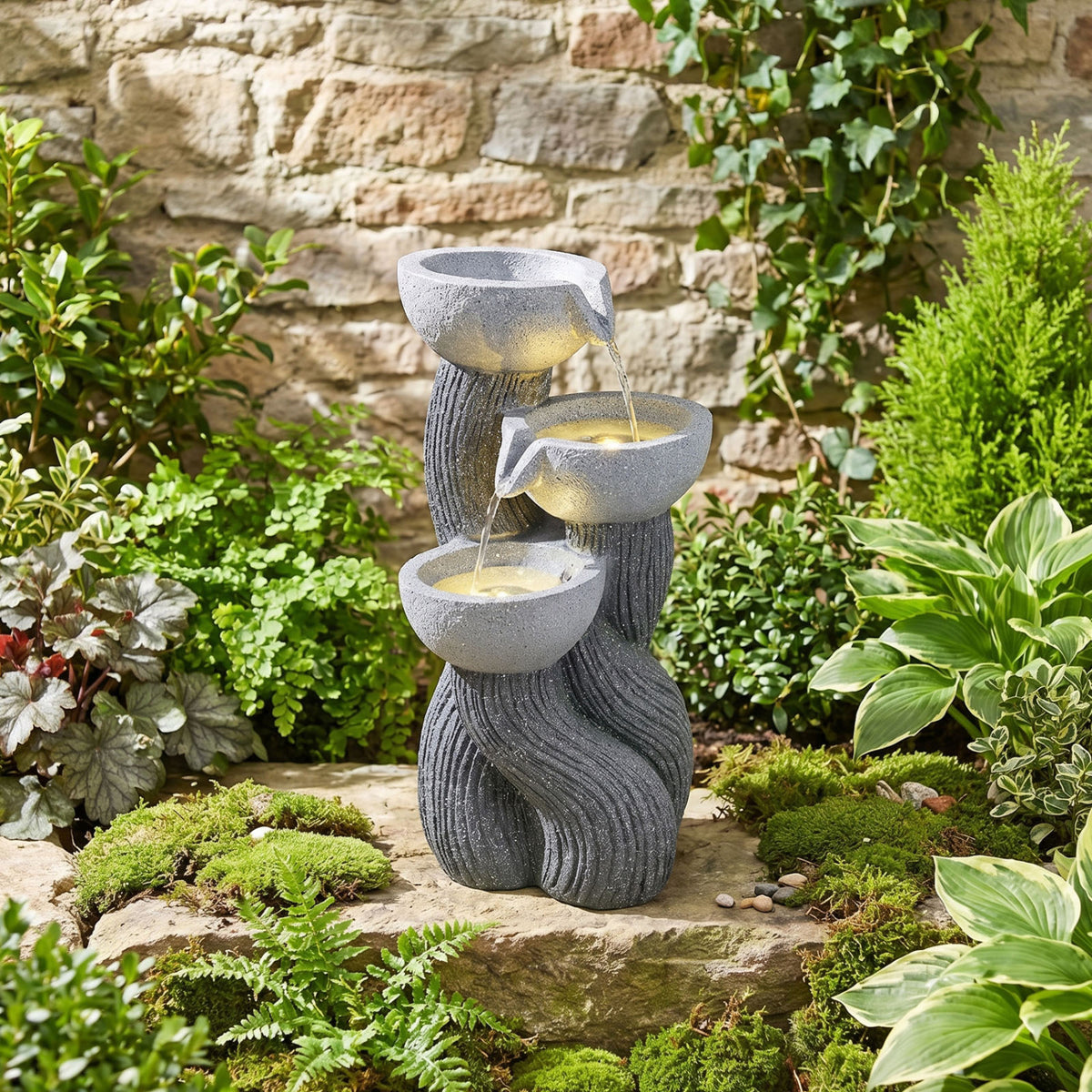 3-Tier Outdoor Water Fountain with LED Lights 18.5 Inch H for Patio Deck
