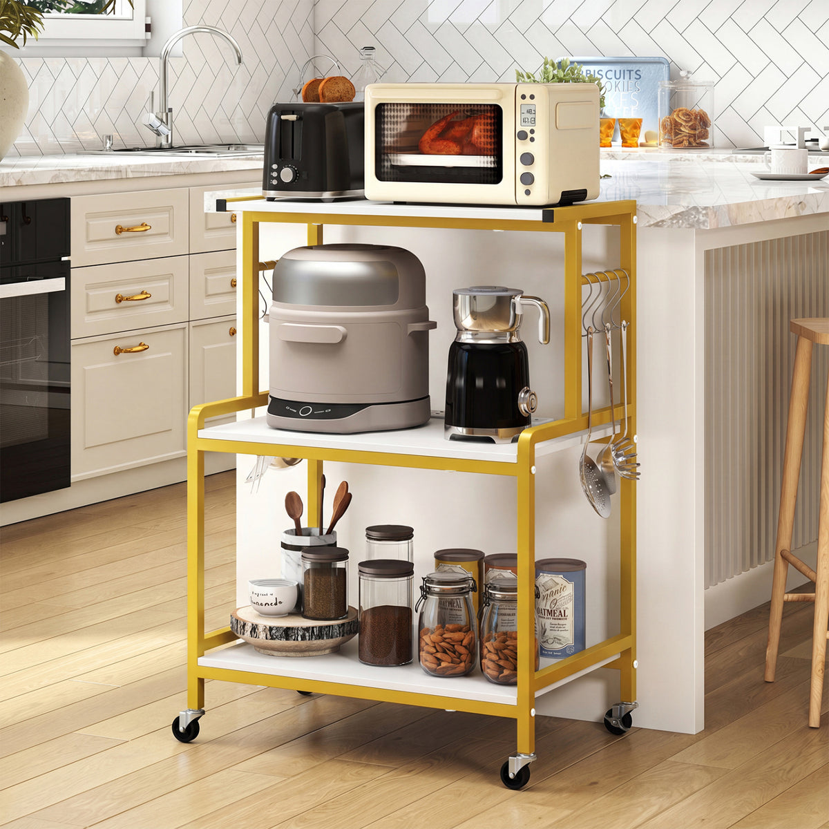 3-Tier Rolling Microwave Cart with Power Outlet and Lockable Wheels and 10 Hooks-White