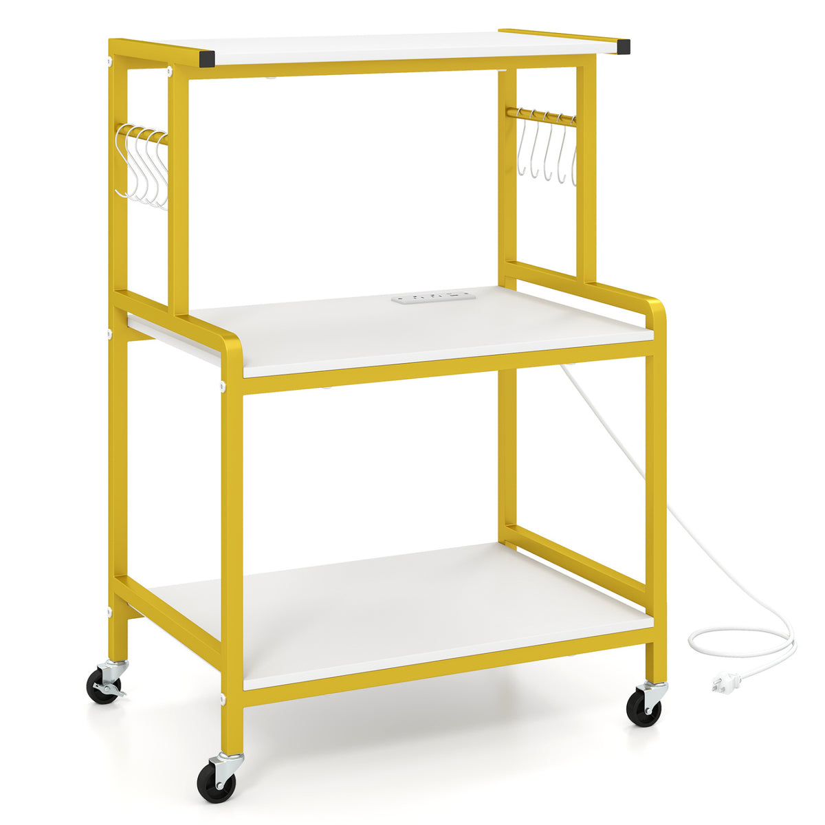 3-Tier Rolling Microwave Cart with Power Outlet and Lockable Wheels and 10 Hooks-White