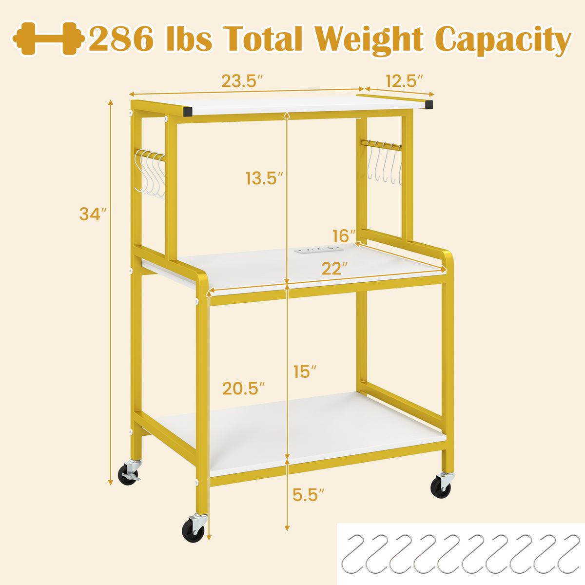3-Tier Rolling Microwave Cart with Power Outlet and Lockable Wheels and 10 Hooks-White