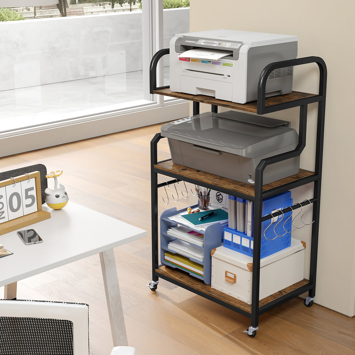 3-Tier Rolling Printer Stand Home Office Large Printer Cart with Storage Shelves-Rustic Brown