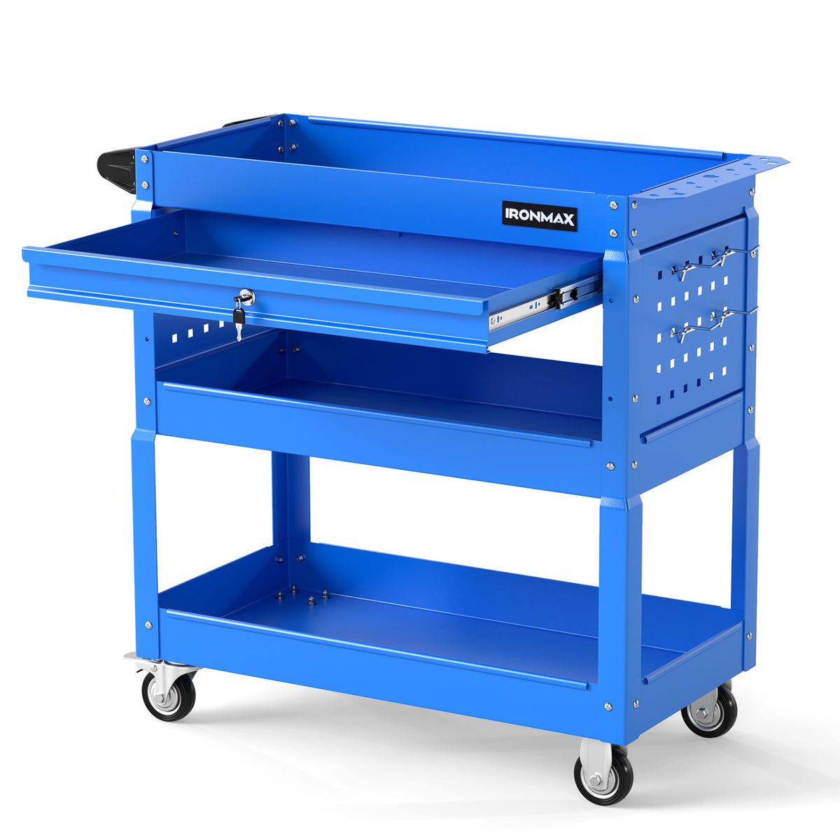 3 Tier Rolling Tool Cart with Lockable Drawer for Garage and Workshop-Blue