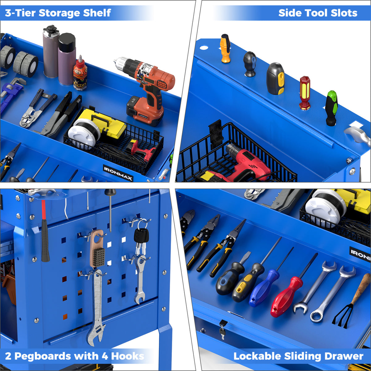 3 Tier Rolling Tool Cart with Lockable Drawer for Garage and Workshop-Blue