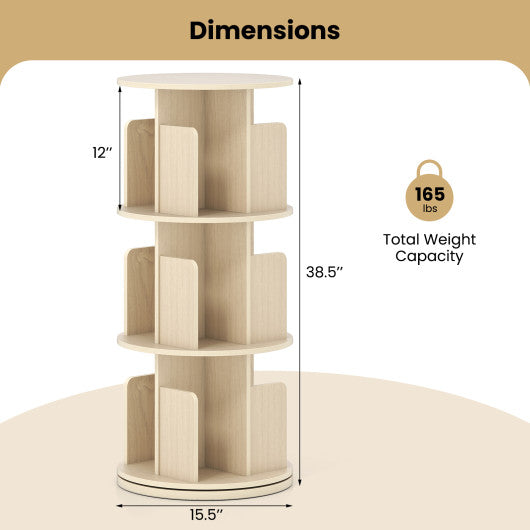 3-Tier Rotating Bookshelf with Dividers and Anti-falling Baffles-Natural